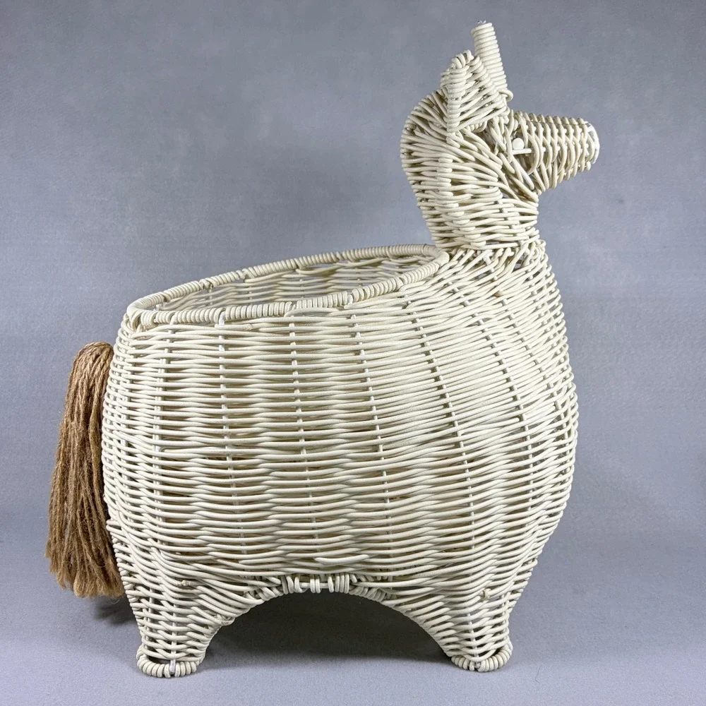 Whimsical Unicorn Storage Basket Display White Rattan Wicker Decor Boho Cottage